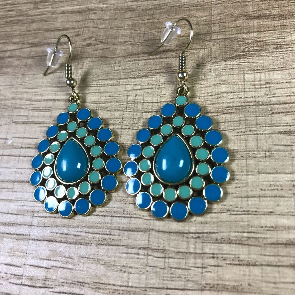 Bohemian Blue Green and Gold Teardrop Earrings